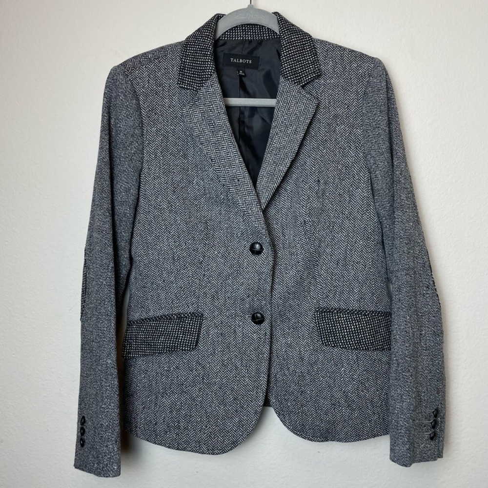 Talbots Wool Herringbone Mixed Print Blazer Elbow Patch Sz 10